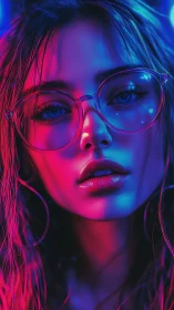 Neon-drenched portrait of girl in glasses and wet hair.