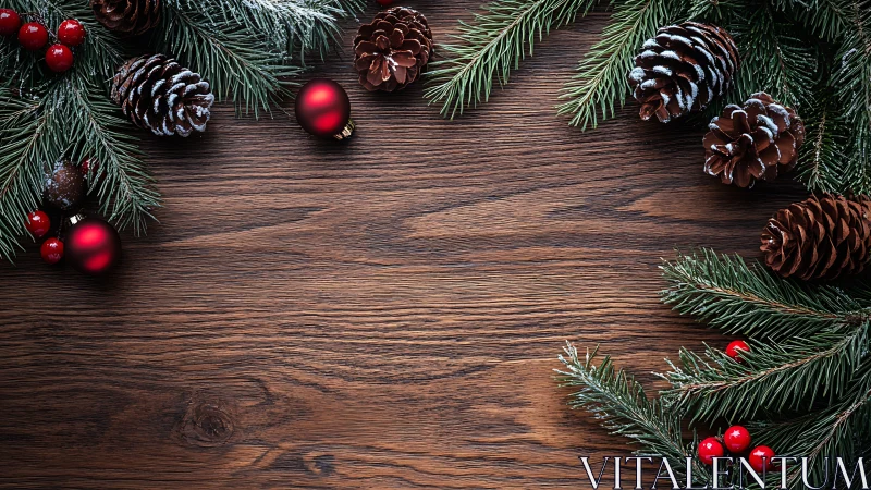 Evergreen branches and pinecones on wooden tabletop border.