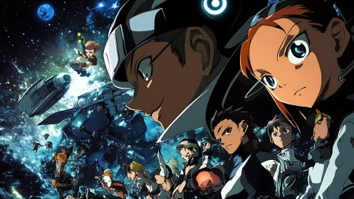 Ensemble of suited space crew with mech and shuttle in orbit.