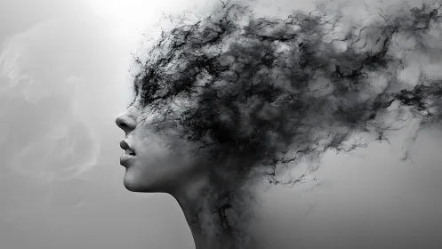 Smoke-textured profile dissolves into turbulent monochrome vapor