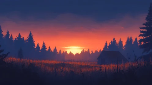 Rural treeline at dusk with cabin silhouette and tall grass.