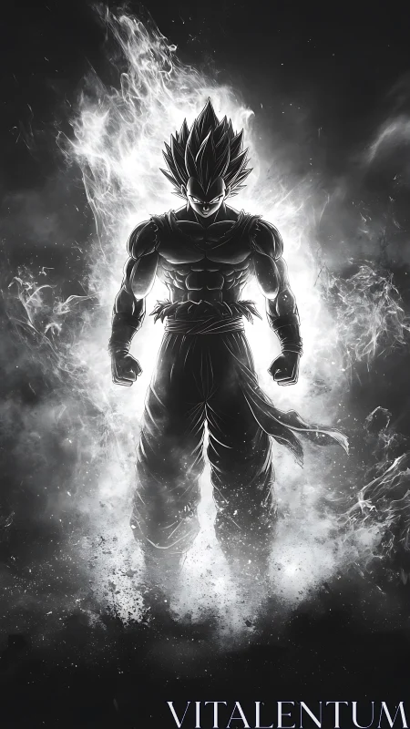 Monochrome anime warrior with high contrast aura energy field