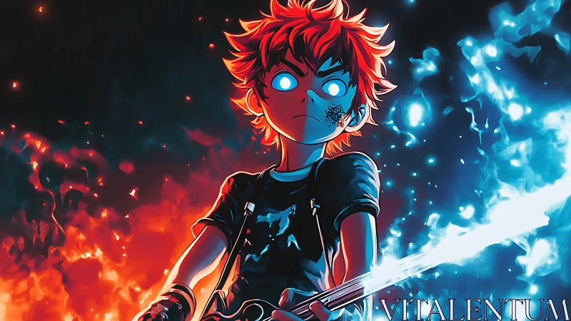 Intense anime hero with glowing eyes and elemental sword.