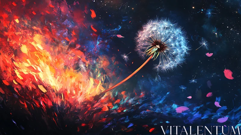 Dandelion drifting through cosmic fire and nebulae blaze.