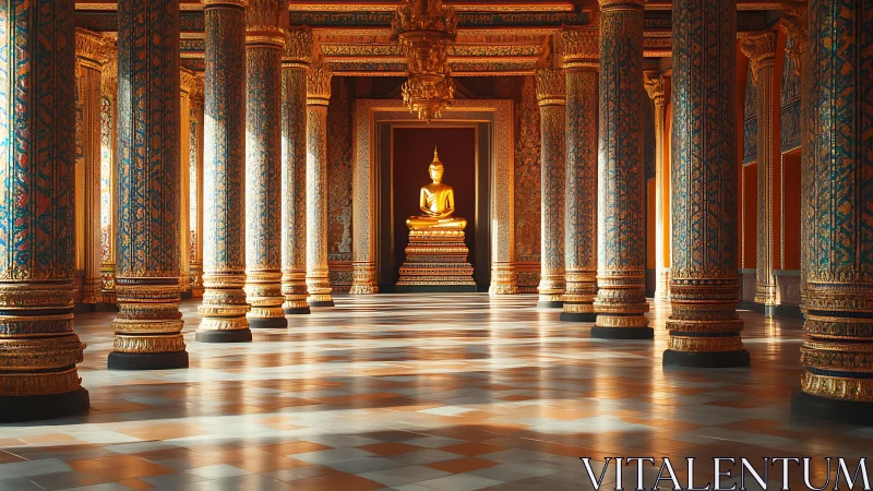 Ornate temple colonnade with gilded Buddha focal axis.