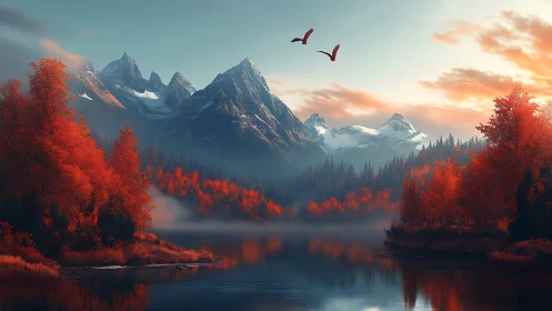 Crimson forest hugs a calm lake beneath gentle alpine peaks