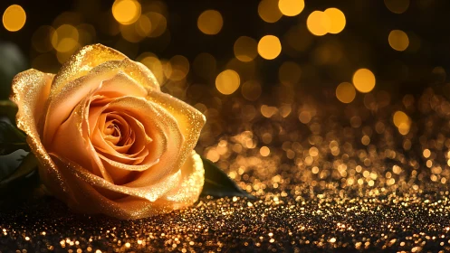 Golden rose glowing softly amid dreamy bokeh lights.