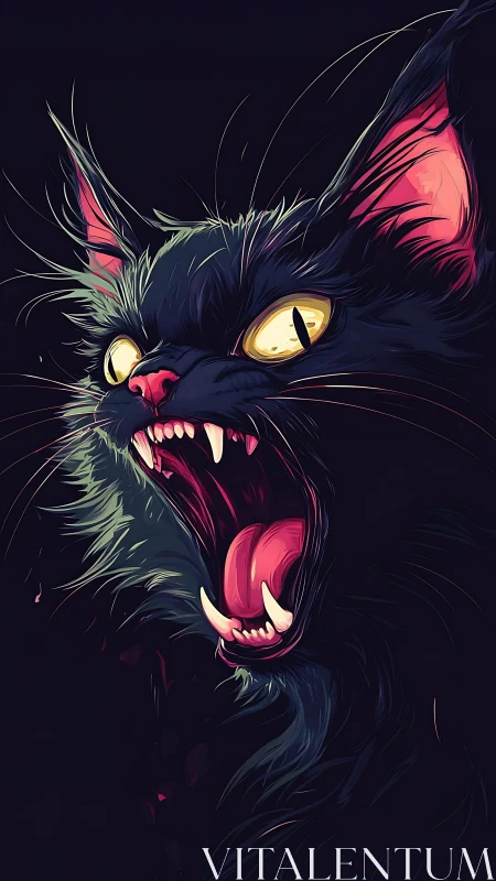 Snarling black cat portrait with open mouth and fangs.