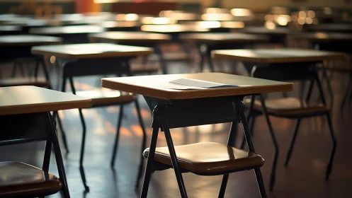Empty classroom desks hold single exam papers in warm light