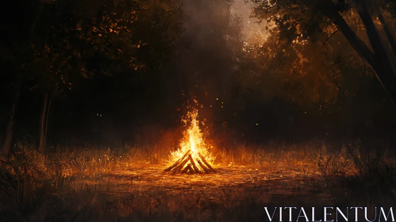 Bonfire in Dark Forest at Night.