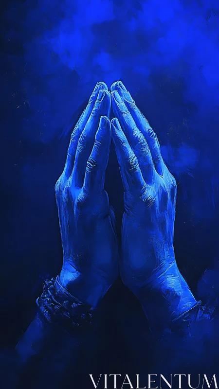 Gentle blue hands rise in quiet prayerful concentration