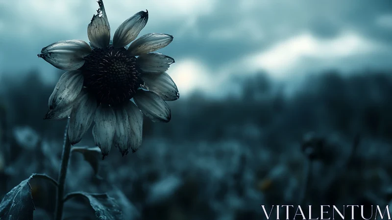 Withered sunflower in muted field under overcast sky.