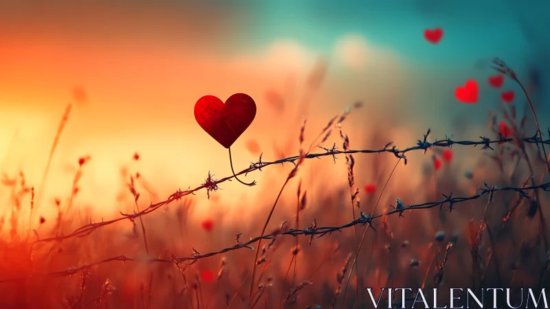 Red heart shapes on barbed wire in sunset field landscape