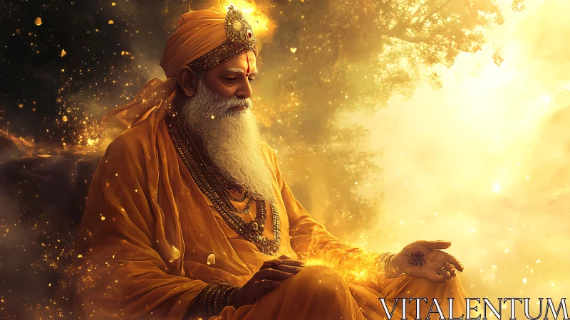 Sunlit sage in golden robes humming with quiet starlight.