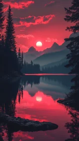 Crimson alpine sunset mirrors over still forest lake.