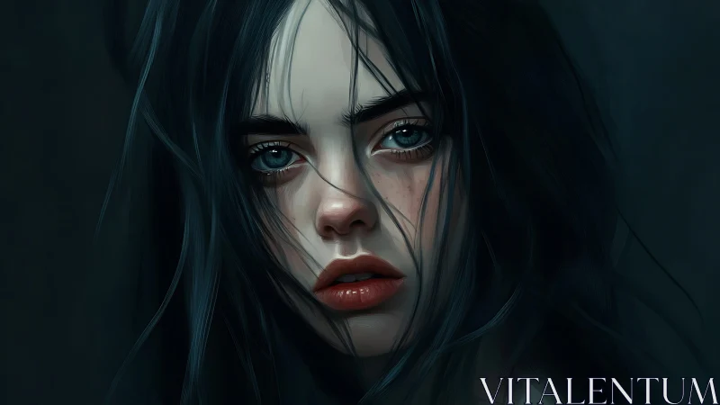 Brooding digital portrait of young woman in teal gloom.