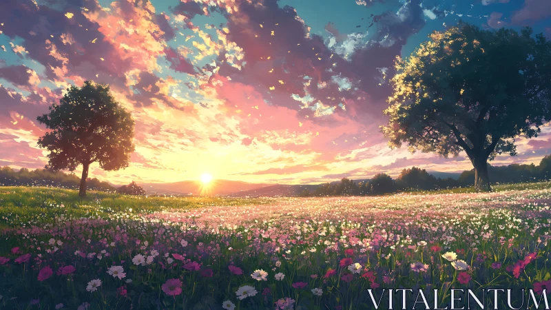 Sunlit wildflower meadow under cinematic pastel evening sky.