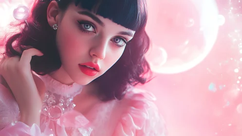 Hyperreal pastel portrait of doll-like girl in pink bokeh