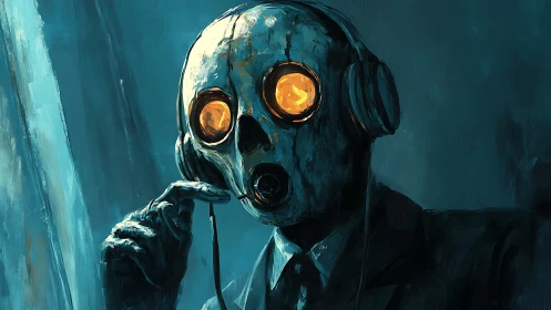 Glowing-eyed skull listener in teal dystopian portrait.