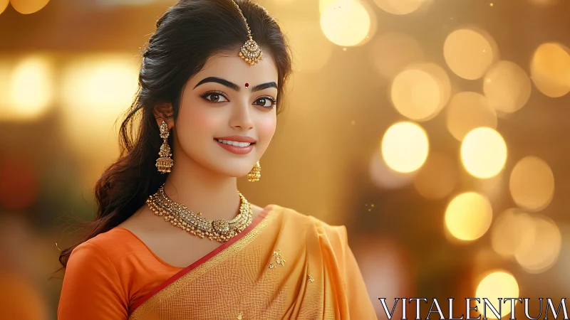 Woman in traditional attire stands before defocused lights