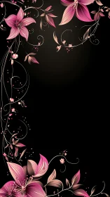 Pink and Gold Floral Ornamental Design on Black Background