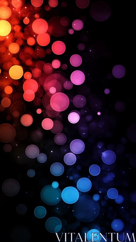 Vibrant bokeh orbs cascade across deep black gradient.