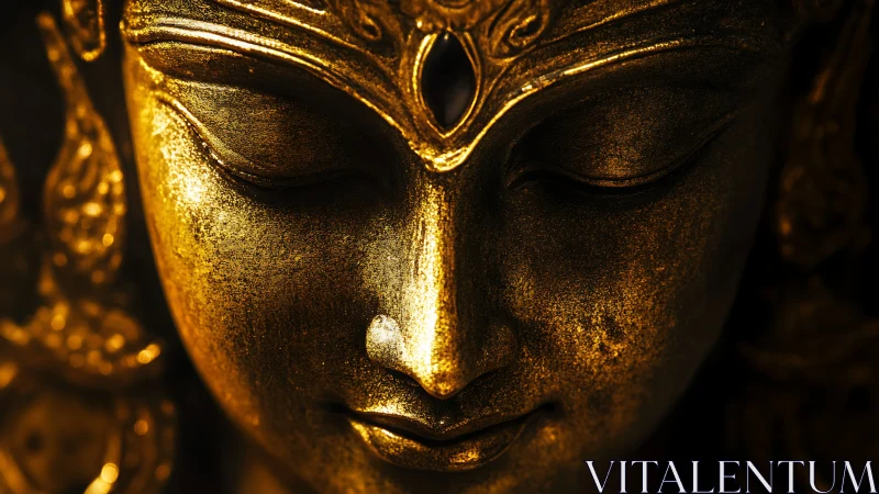 Close-up view of a golden sculpted deity face in shadow.