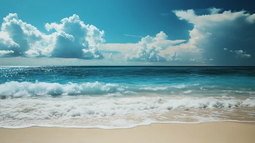 Sunny shoreline with waves under broad cloud formations.