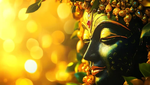 Golden goddess portrait glows softly in warm bokeh light