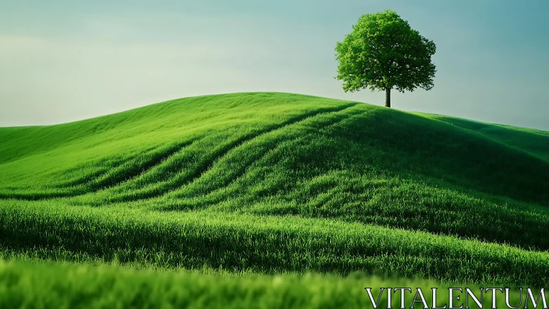 Isolated deciduous tree atop wind-sculpted grassy hillside