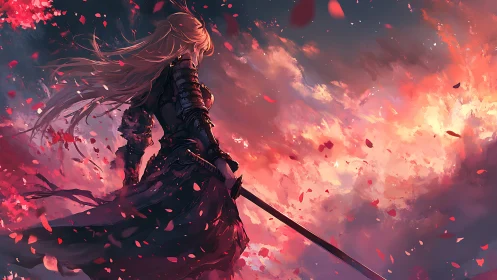 Flame-touched swordswoman amid storm of crimson petals.