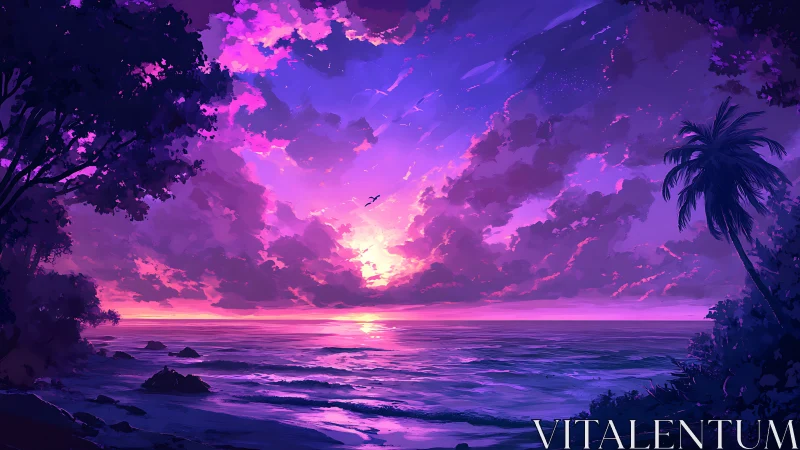 Vivid tropical sunset floods tranquil ocean horizon with light