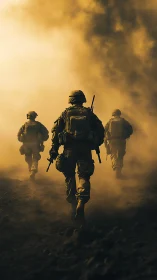 Soldiers advance through dense battlefield smoke at dusk.