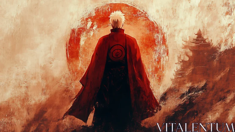 Crimson cloaked wanderer before a storm-burned sun.