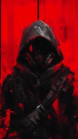 Cyberpunk hooded operative in red high-contrast portrait.