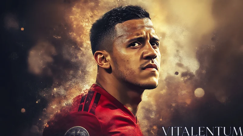 Digital painting portrait of footballer with dynamic light bloom.