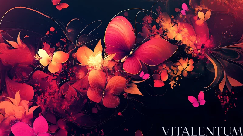 Radiant neon butterflies drift across a glowing floral dream.