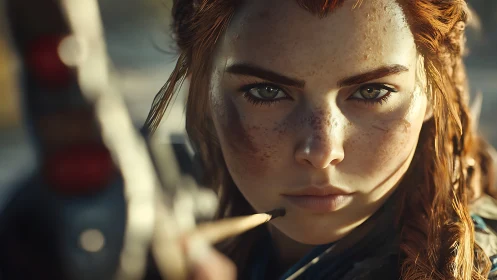 Fierce freckled archer in tight cinematic close-up focus.