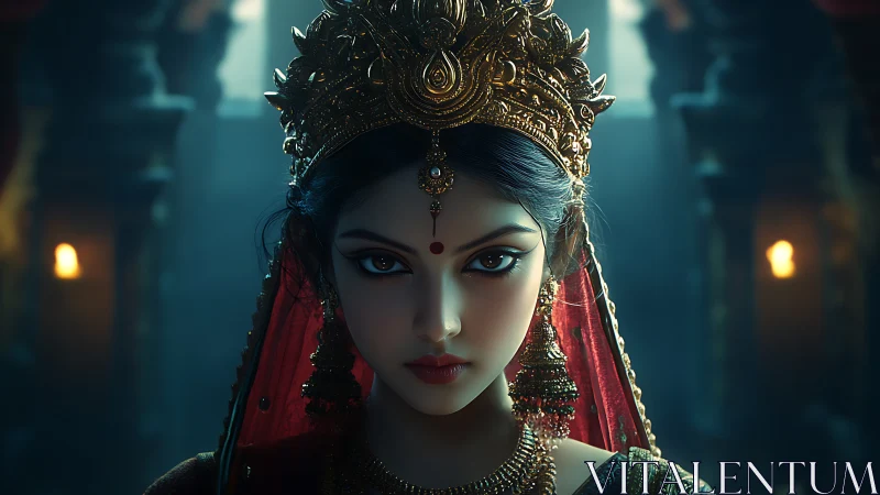 Regal Indian goddess portrait glows under temple torchlight