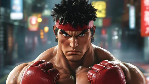 Streetwise fighter squares up under neon night skies.