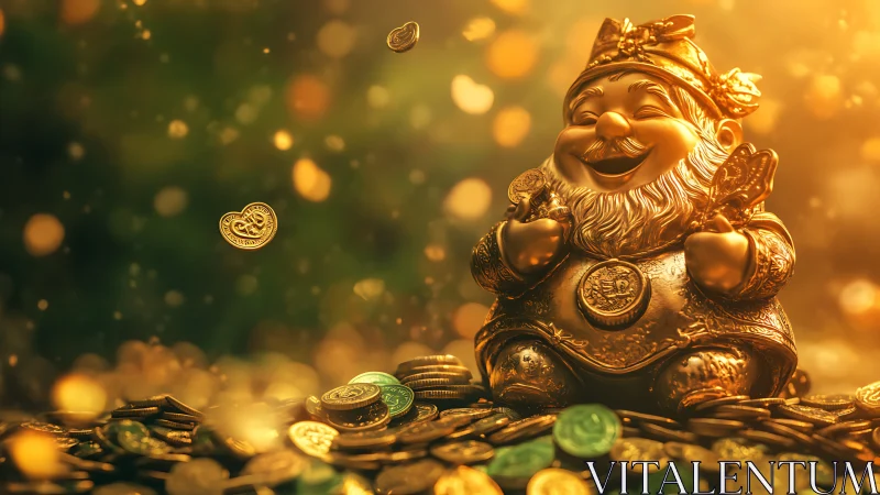 Golden gnome sculpture amid bokeh-lit cascading coins.