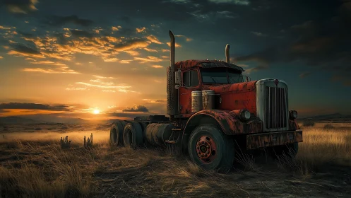 Weathered red semi truck abandoned in arid grassland at sunset