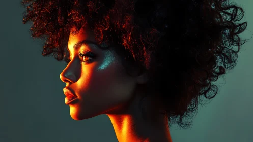 Profile portrait captures neon light on curly haired woman