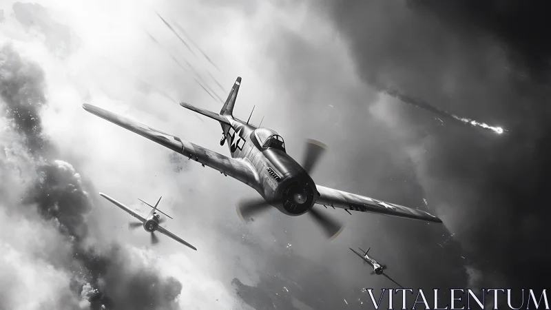 WWII fighter squadron dives through dense storm clouds