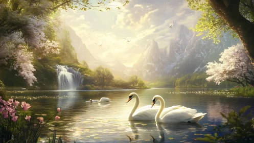 Swanlit valley lagoon under petal-bright mountain dawn.