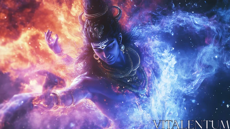 Celestial deity dances through swirling fire and cosmic ice