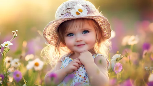 Young child in straw hat surrounded by blossoming wildflower field.