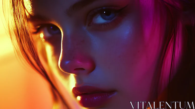Moody female portrait glows in vivid neon rim lighting.