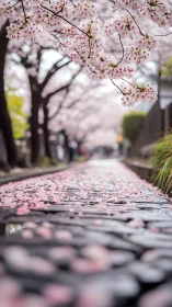 Cherry blossoms line a shallow stone channel in soft focus