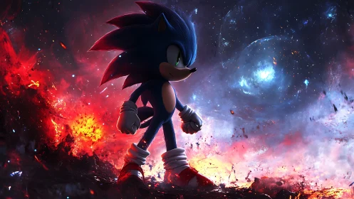 Blue anthropomorphic figure stands in cosmic volcanic field